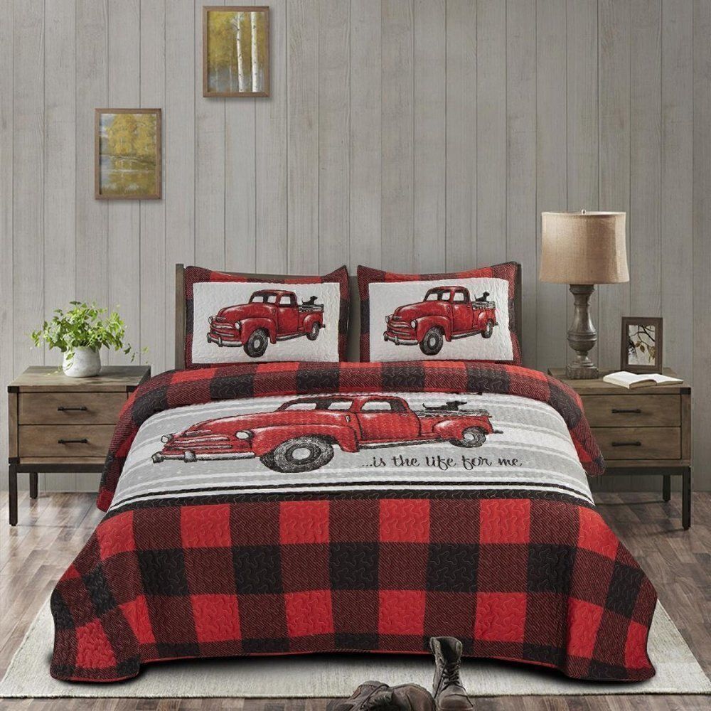 Farmhouse Old Vintage Red Truck Printed Queen Quilt Set